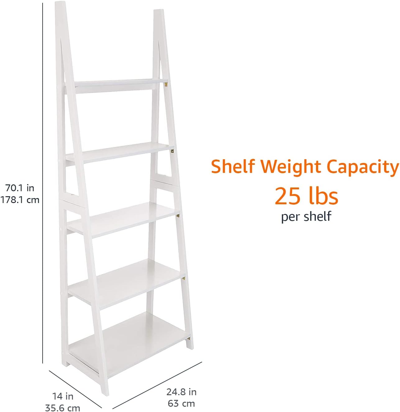 Basics Modern 5-Tier Ladder Bookshelf Organizer, Solid Rubberwood Frame, White, 14 D x 24.8 W x 70.1 H in