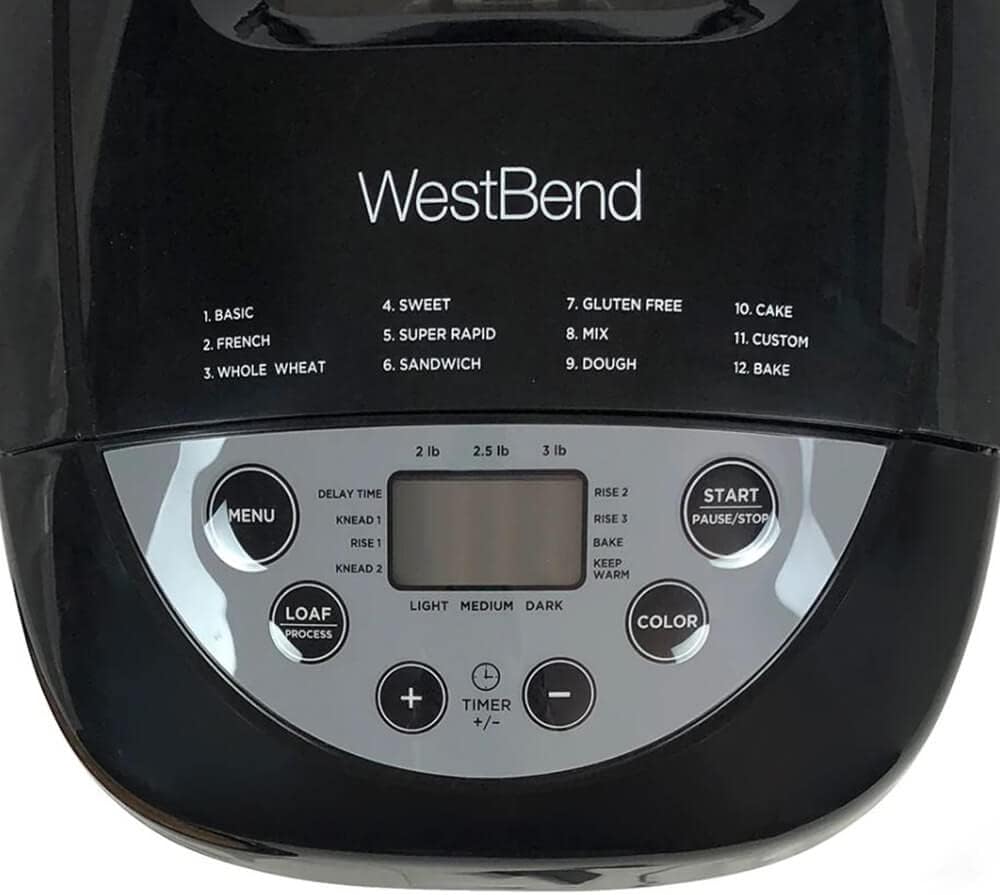 West Bend Hi-Rise Bread Maker Programmable Horizontal Dual Blade with 12 Programs Including Gluten Free, 3-Pound, Gray