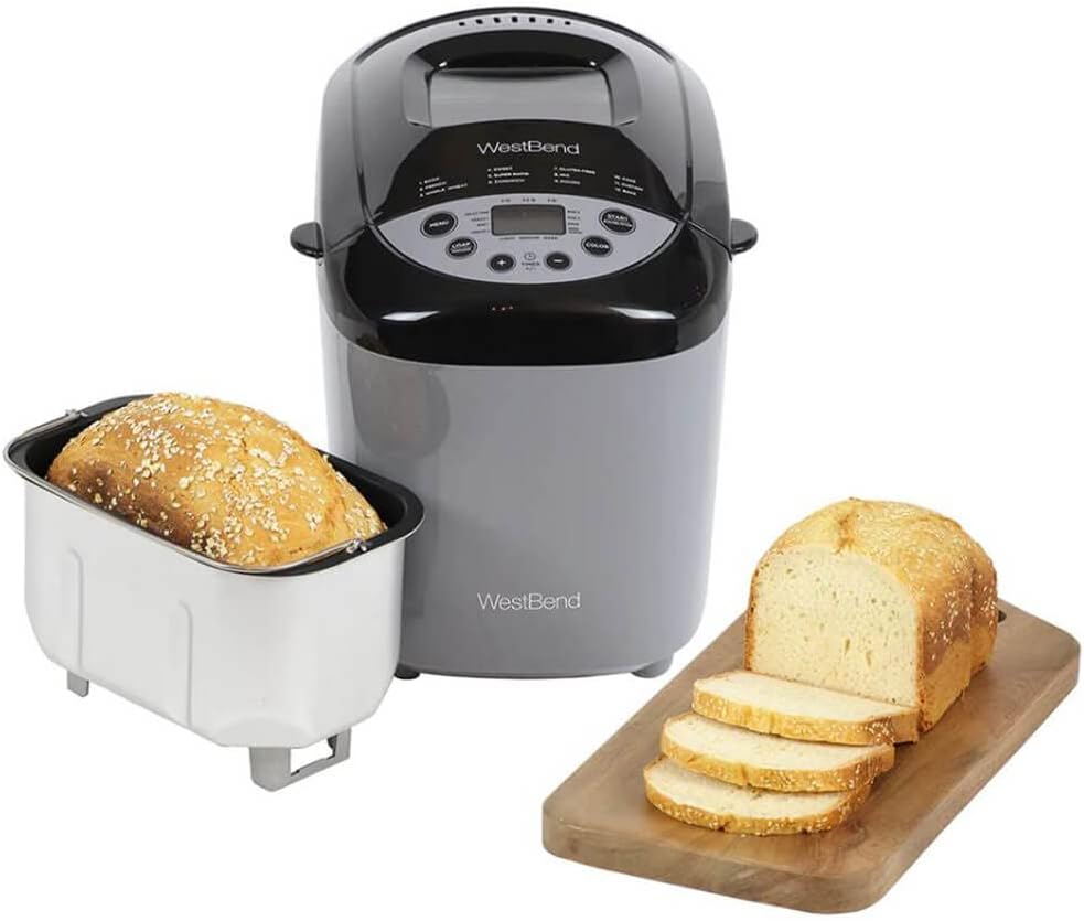 West Bend Hi-Rise Bread Maker Programmable Horizontal Dual Blade with 12 Programs Including Gluten Free, 3-Pound, Gray