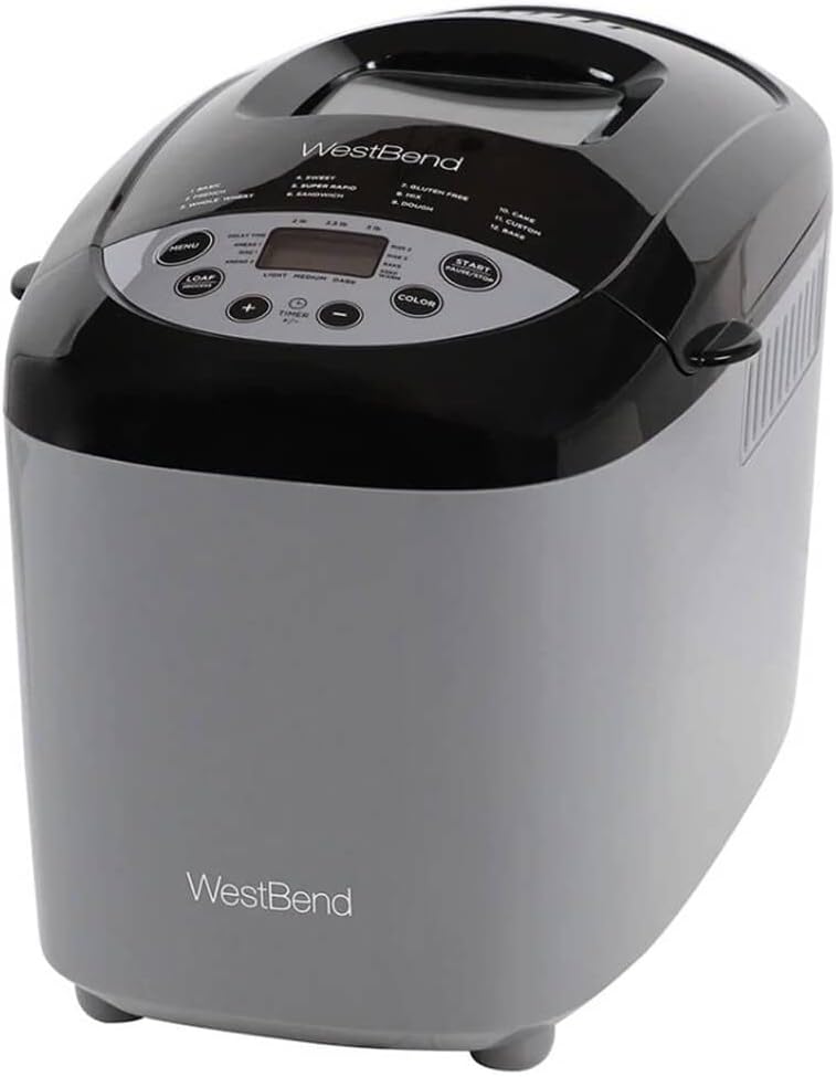 West Bend Hi-Rise Bread Maker Programmable Horizontal Dual Blade with 12 Programs Including Gluten Free, 3-Pound, Gray