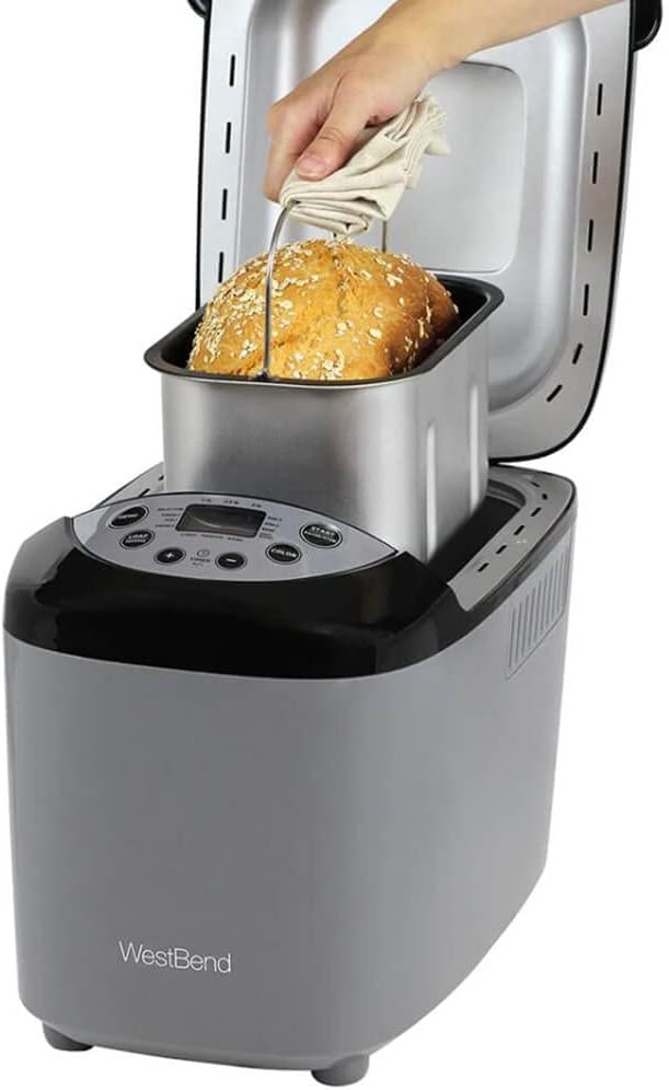 West Bend Hi-Rise Bread Maker Programmable Horizontal Dual Blade with 12 Programs Including Gluten Free, 3-Pound, Gray