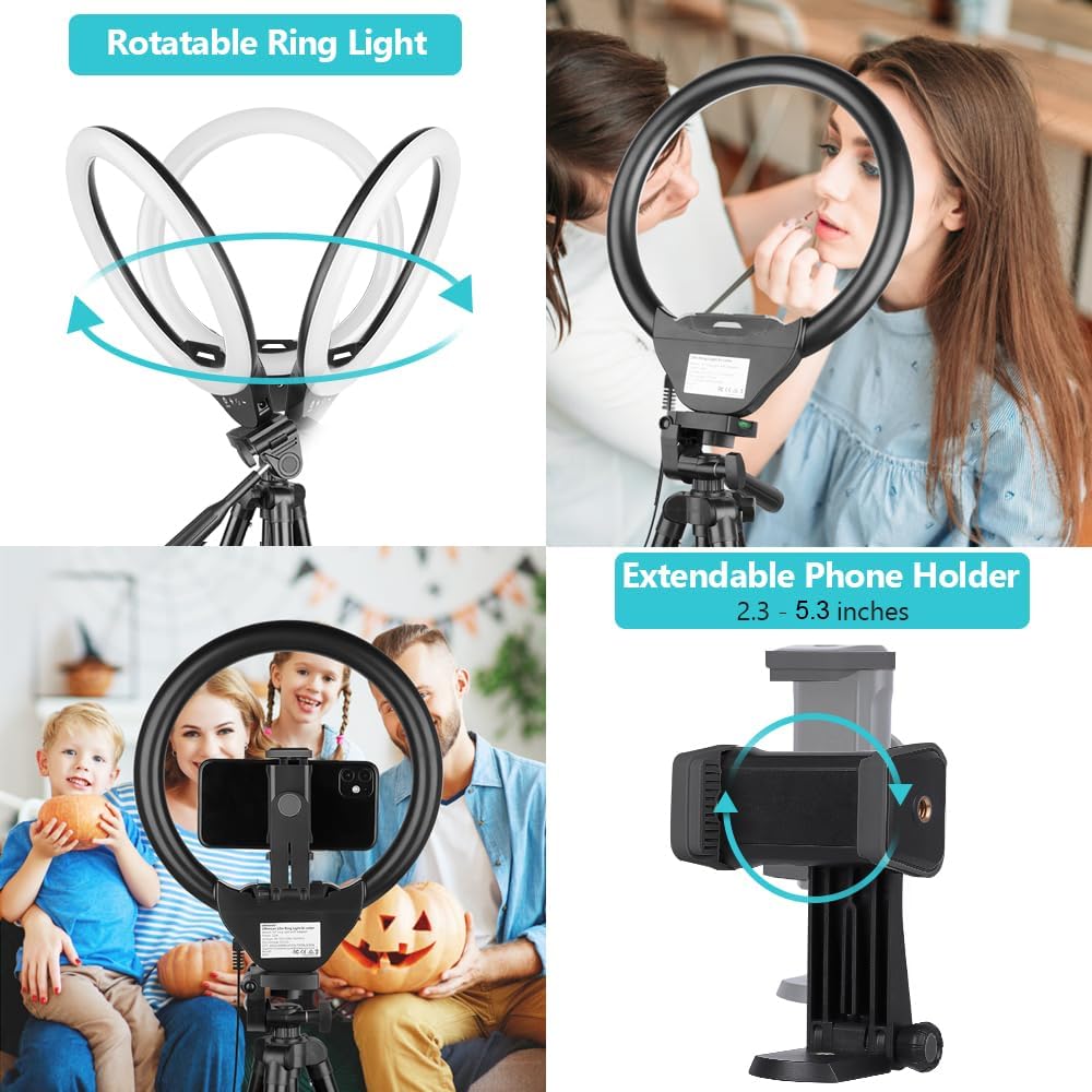 Sensyne 10'' Ring Light with 50'' Extendable Tripod Stand, LED Circle Lights with Phone Holder for Live Stream/Makeup/YouTube Video/TikTok, Compatible with All Phones