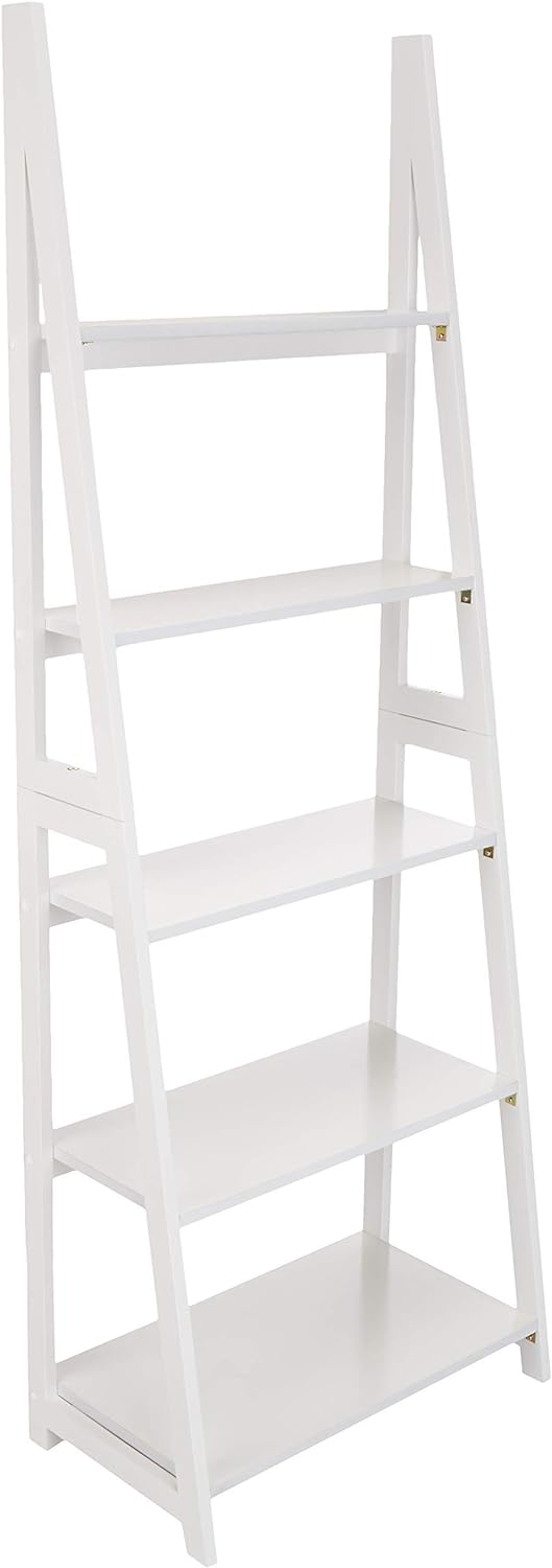 Basics Modern 5-Tier Ladder Bookshelf Organizer, Solid Rubberwood Frame, White, 14 D x 24.8 W x 70.1 H in