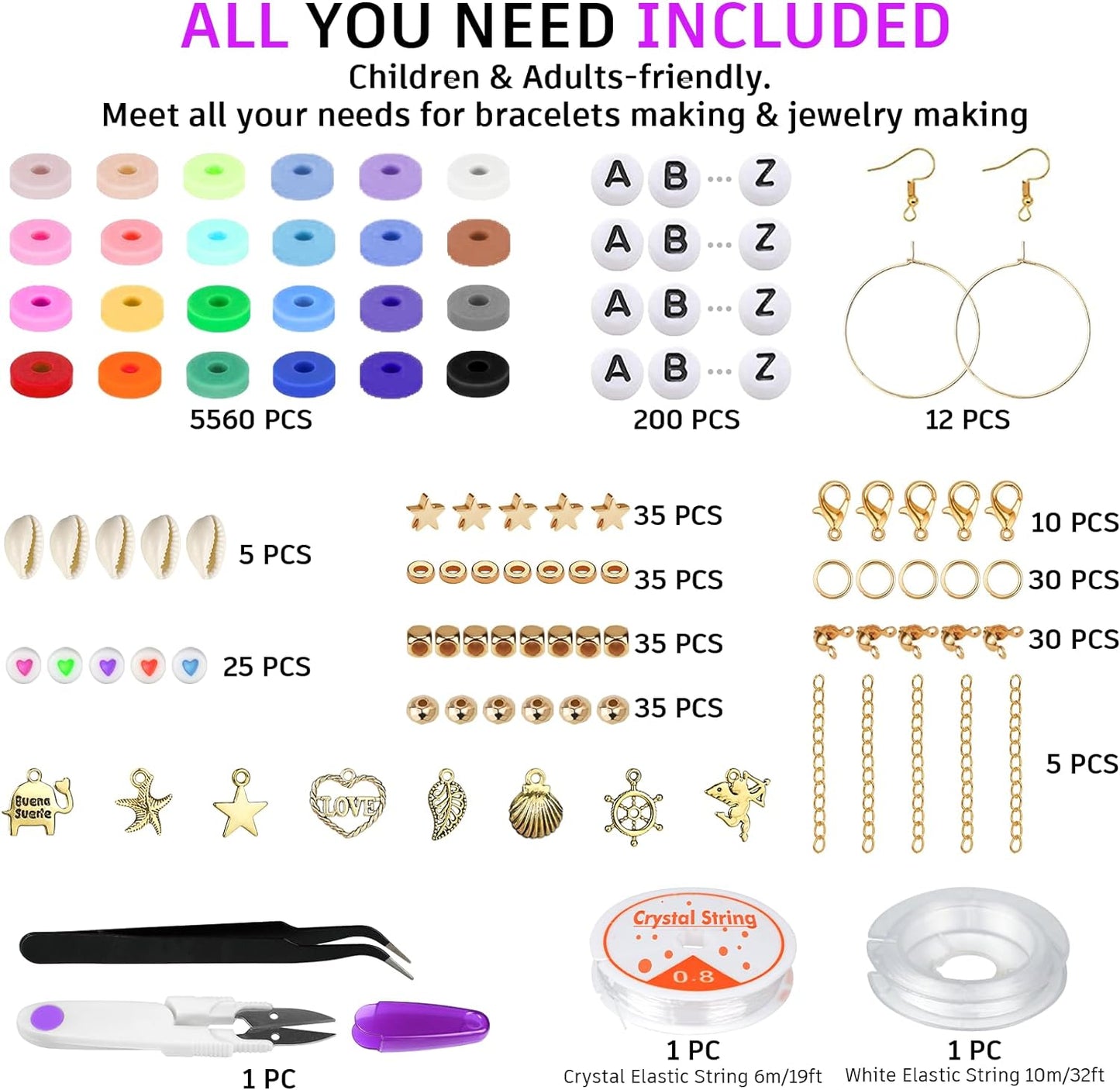 Gionlion 6000 Pcs Clay Beads for Bracelet Making, 24 Colors Flat Preppy Beads for Friendship Bracelet Kit, Polymer Clay Heishi Beads with Charms for Jewelry Making, Crafts Gifts for Teen Girls