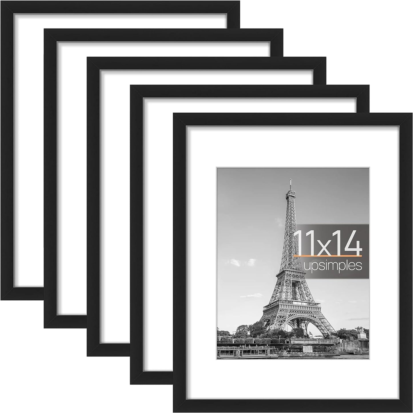 upsimples 11x14 Picture Frame Set of 5, Display Pictures 8x10 with Mat or 11x14 Without Mat, Wall Gallery Photo Frames, Black