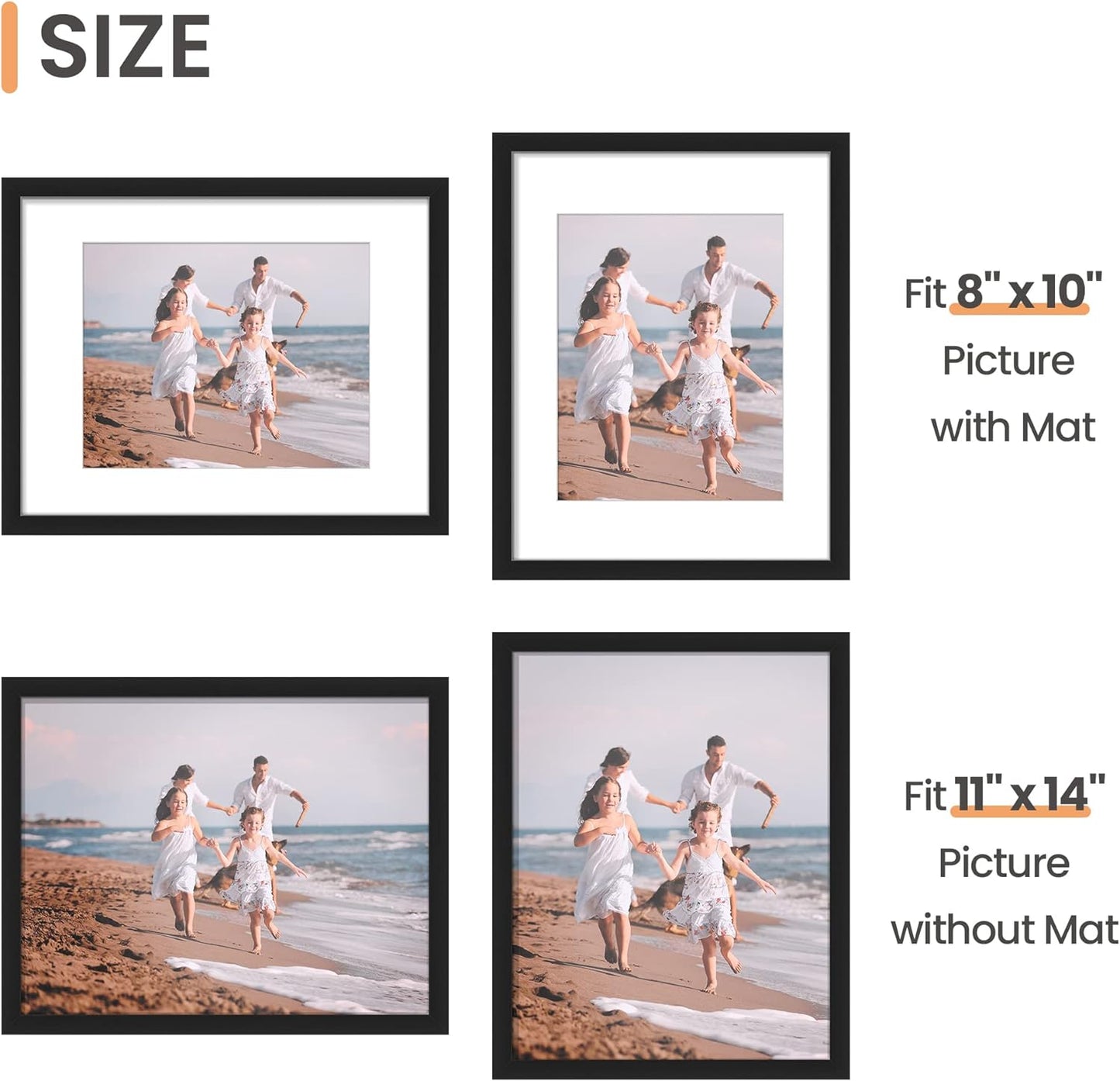 upsimples 11x14 Picture Frame Set of 5, Display Pictures 8x10 with Mat or 11x14 Without Mat, Wall Gallery Photo Frames, Black