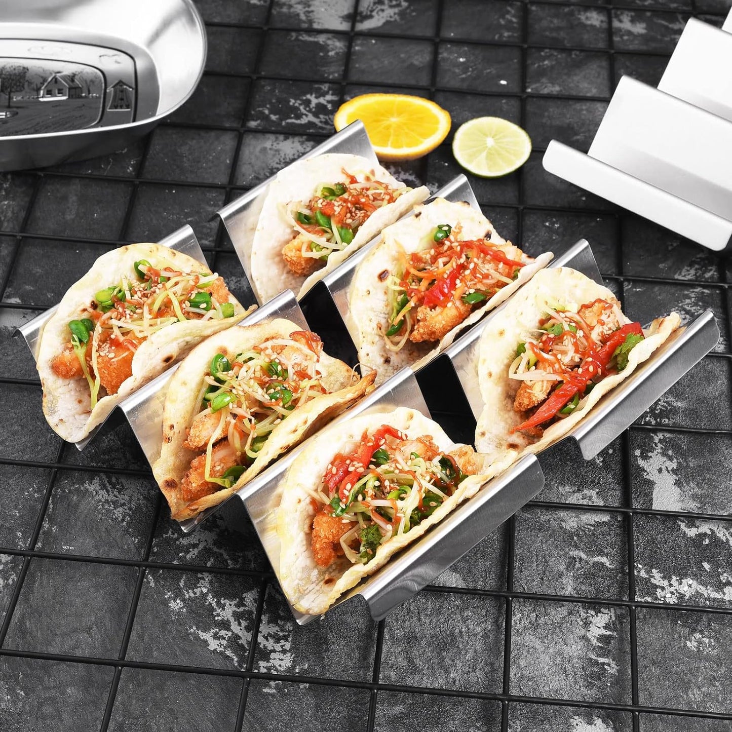 ARTTHOME. Taco Holders 4 Packs - Stainless Steel Taco Stand Rack Tray Style, Oven Safe for Baking, Dishwasher and Grill Safe