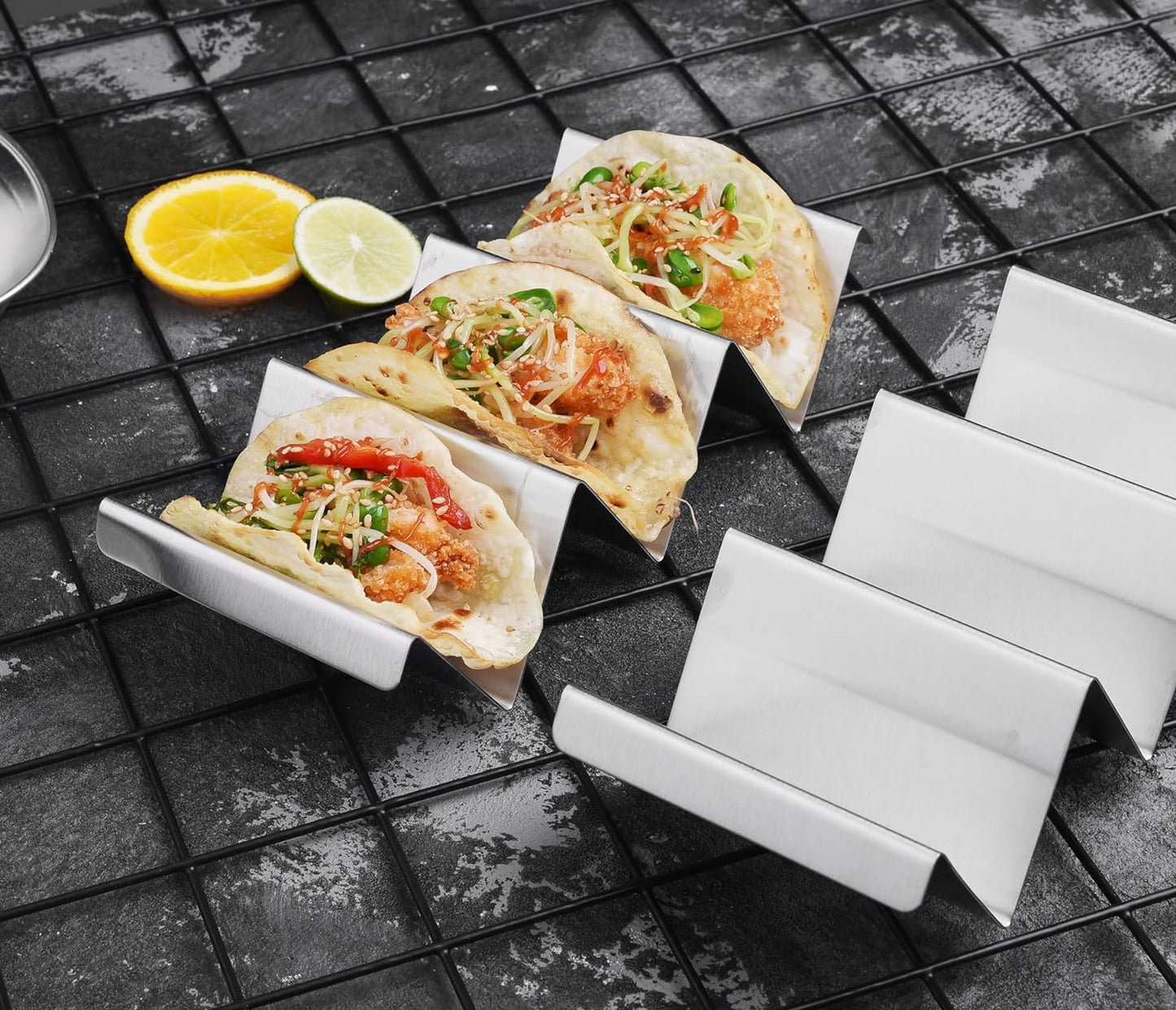 ARTTHOME. Taco Holders 4 Packs - Stainless Steel Taco Stand Rack Tray Style, Oven Safe for Baking, Dishwasher and Grill Safe