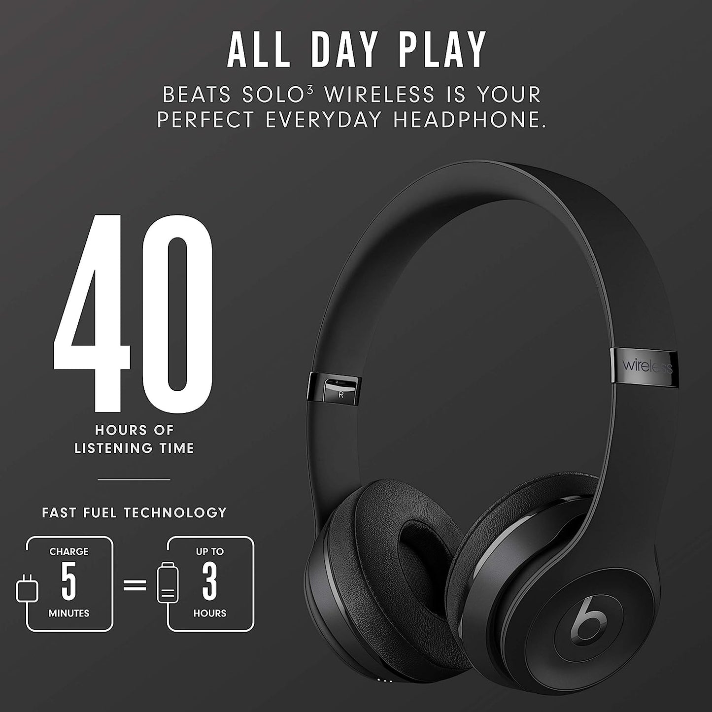 Beats Solo3 Wireless On-Ear Headphones - Apple W1 Headphone Chip, Class 1 Bluetooth, 40 Hours of Listening Time, Built-in Microphone - Black (Latest Model)