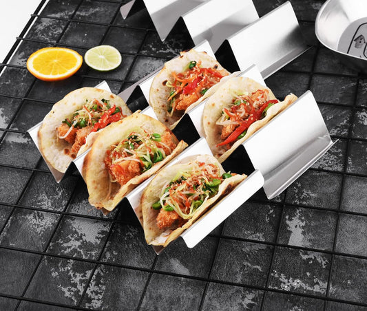 ARTTHOME. Taco Holders 4 Packs - Stainless Steel Taco Stand Rack Tray Style, Oven Safe for Baking, Dishwasher and Grill Safe